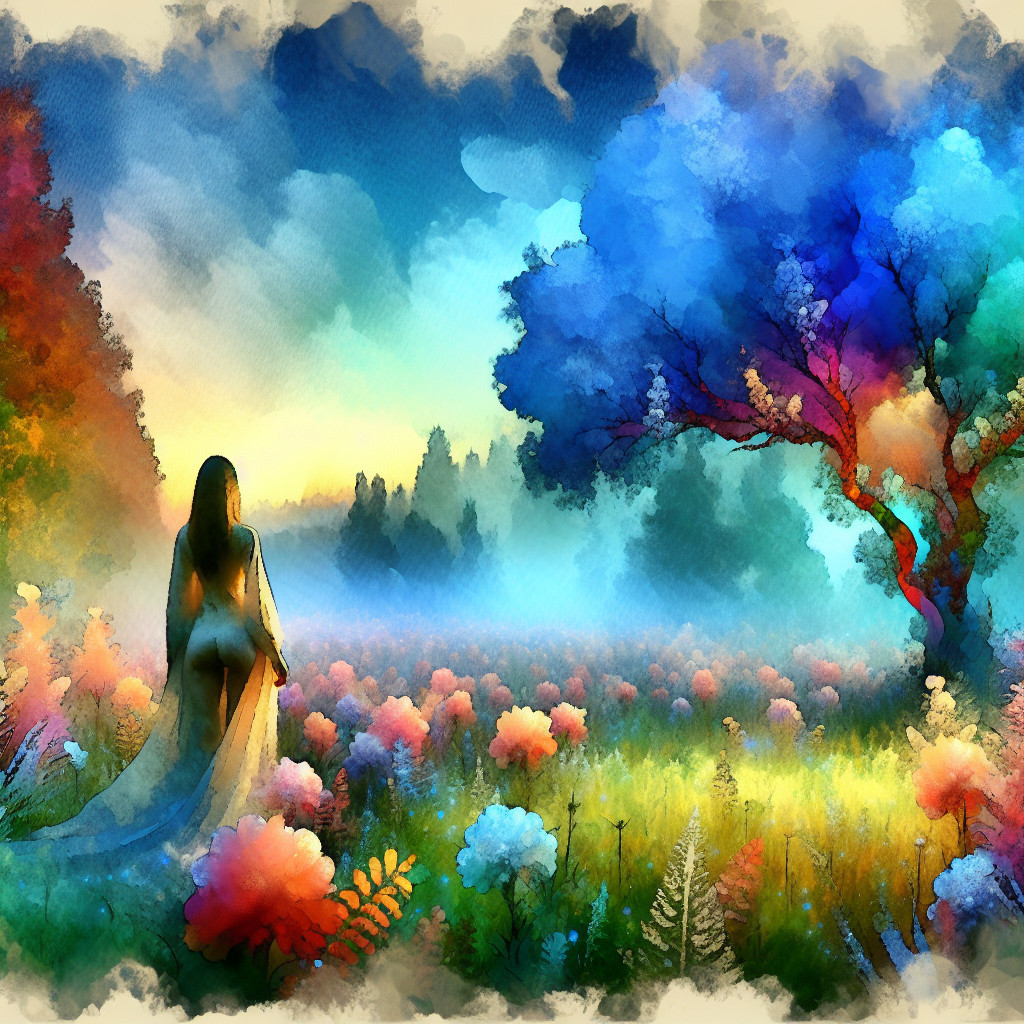 Vibrant Digital Watercolor of Female Figure in Meadow