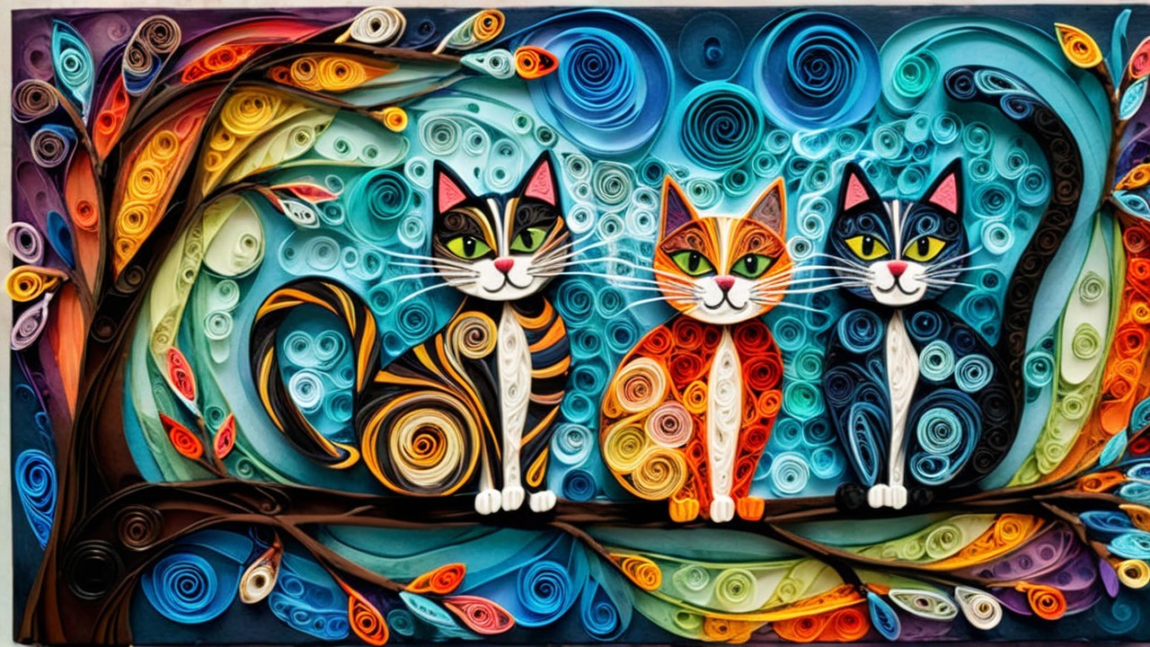 Vibrant Collage of Stylized Cats on Colorful Branch