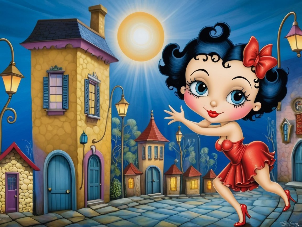 Cheerful Girl in Colorful Village Illustration