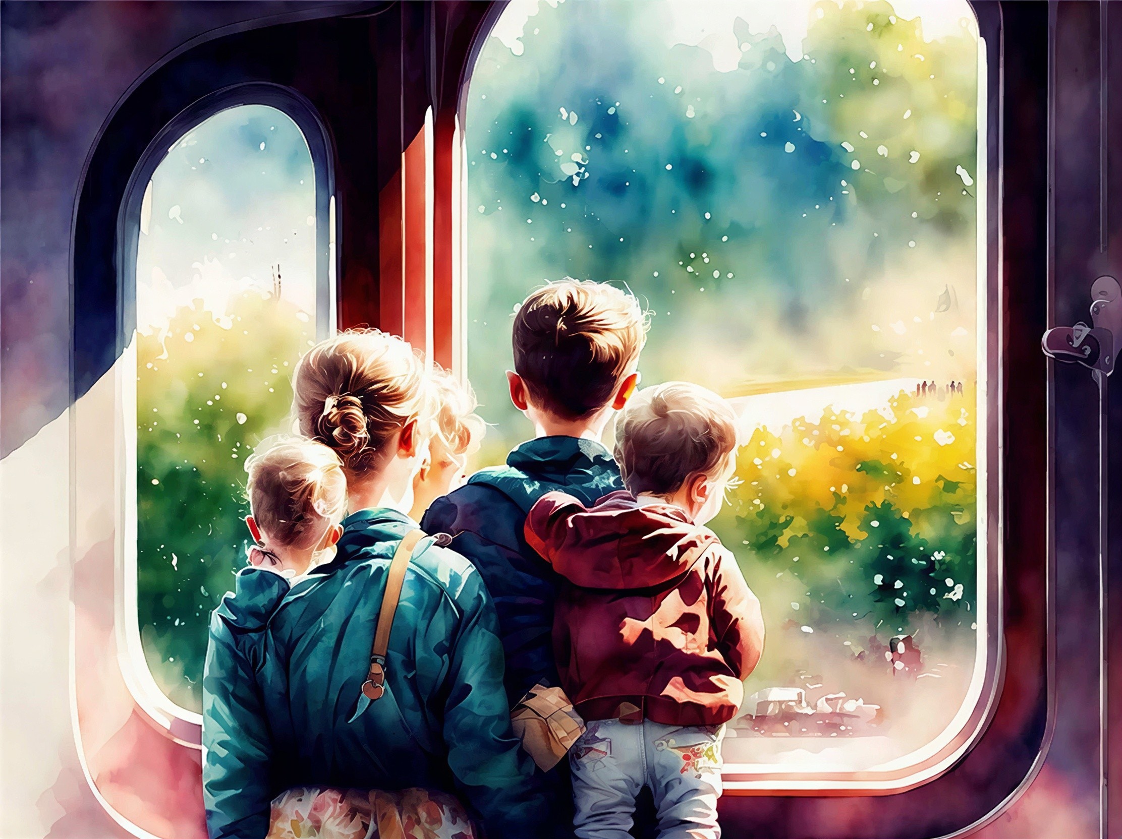 Watercolor Painting of Woman and Children by Train Window
