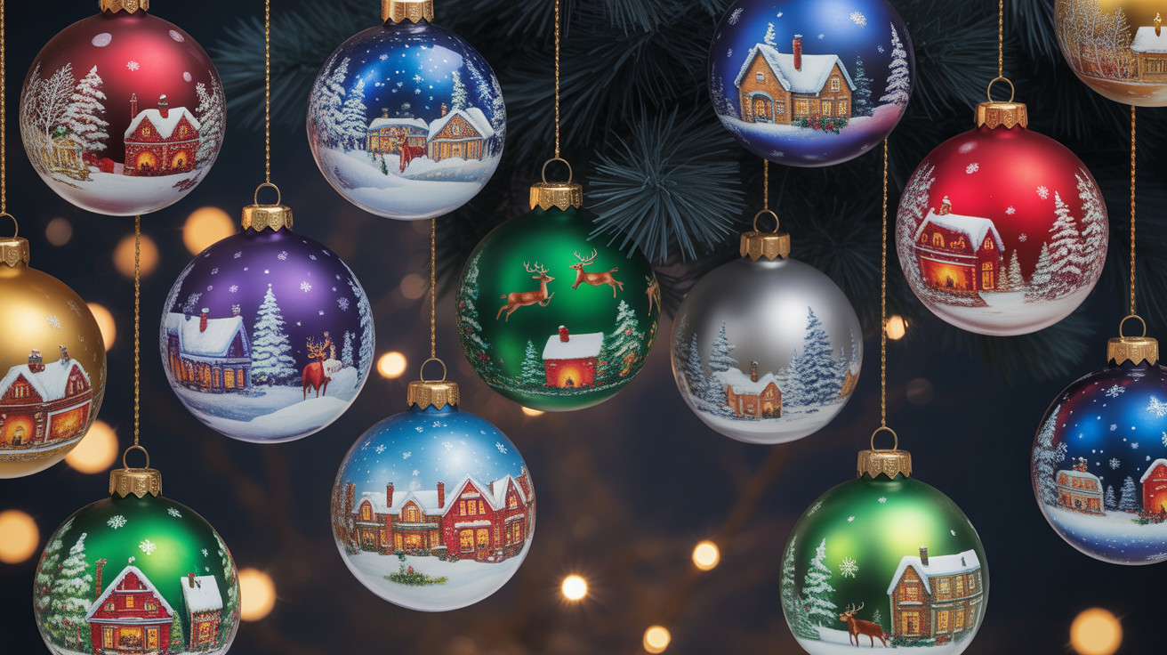 Colorful Christmas Ornaments with Winter Scenes