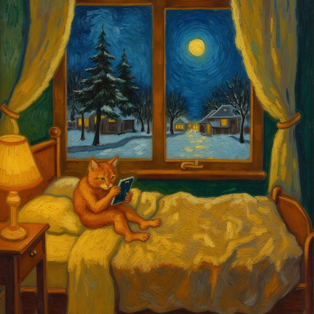 Cozy Bedroom with Cat and Scenic Winter Night View