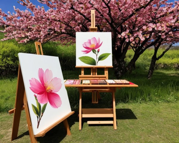 Wooden easels with painted pink flower canvases on lawn