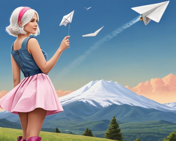Young woman in vibrant landscape with paper airplanes