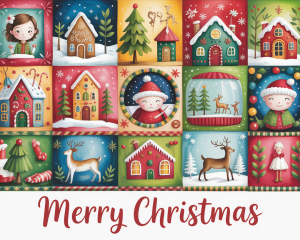 Christmas Card with 15 Holiday-Themed Illustrations