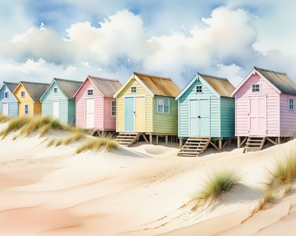 Watercolor of Colorful Beach Huts on Sand Dunes