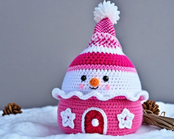 Handcrafted Pink and White Crochet Snowman Dollhouse