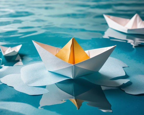 Colorful Paper Boats on Tranquil Blue Water Surface