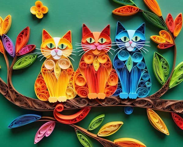 Colorful Quilling Paper Cats on Stylized Branch