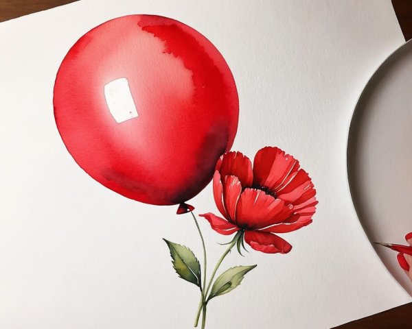 Red Balloon and Flower in Watercolor Art
