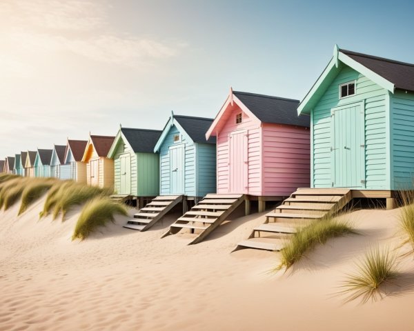 Pastel Beach Huts on Stilts by Sandy Shoreline