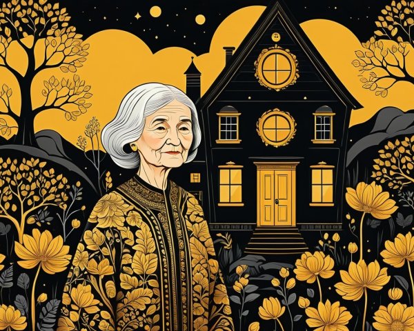 Elderly Woman in Patterned Robe Surrounded by Flowers