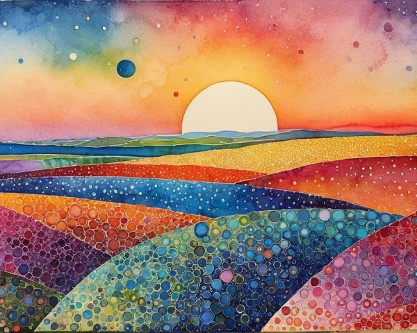 Dreamy Watercolor Landscape with Sunset and Hills