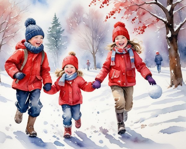 Children in Winter Landscape Watercolor Painting