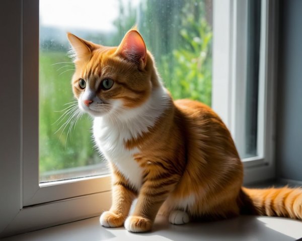 Fluffy Orange Tabby Cat on a Sunlit Windowsill