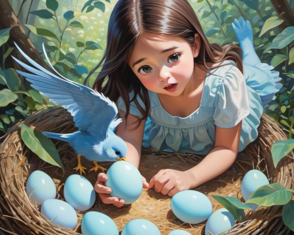 Whimsical Digital Painting of Girl and Bird Nest