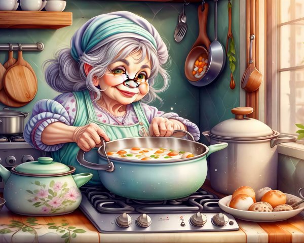 Old Woman Cooking in Brightly Lit Kitchen