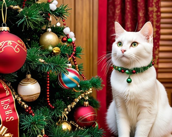 White Cat Beside Decorated Christmas Tree with Ornaments