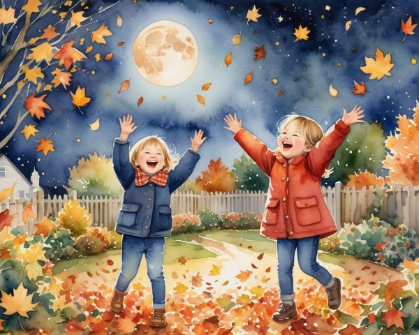 Children Playing Outdoors at Night Among Autumn Leaves