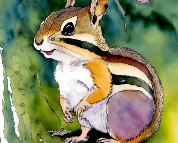 Whimsical Watercolor Chipmunk in a Forest Setting