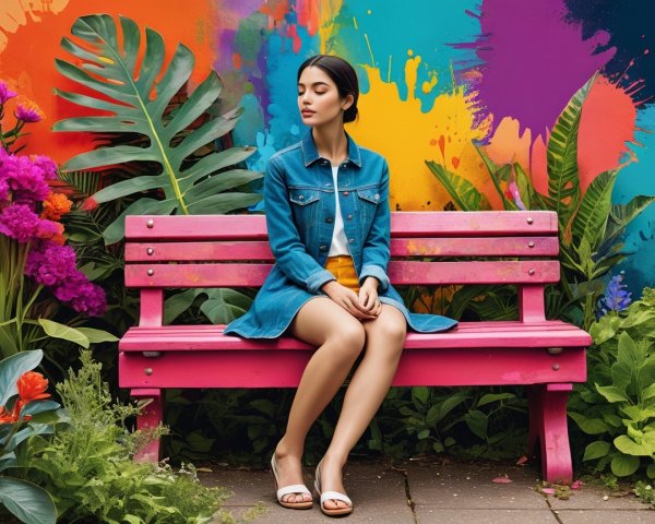 Young woman on pink bench in vibrant garden setting