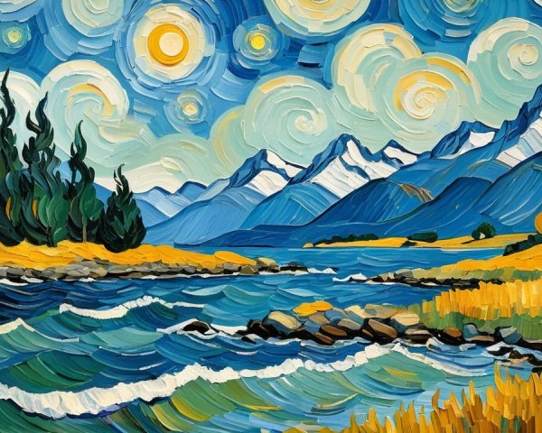 Vibrant Impressionistic Landscape with River and Mountains