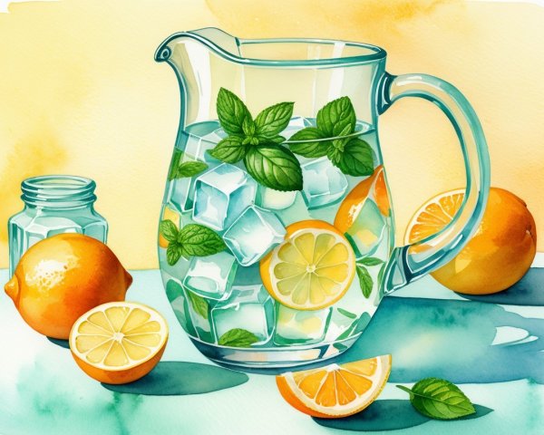 Watercolor Painting of Fruit and Glass Pitcher
