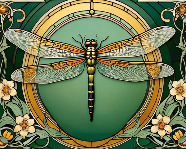 Vibrant Art Nouveau Stained Glass Dragonfly Design