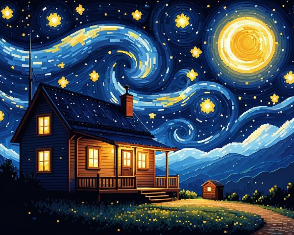 Cozy Pixel Art Cabin Under a Vibrant Night Sky