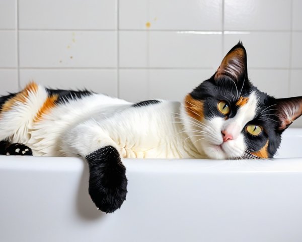 Calico Cat Relaxing in a White Bathtub Setting