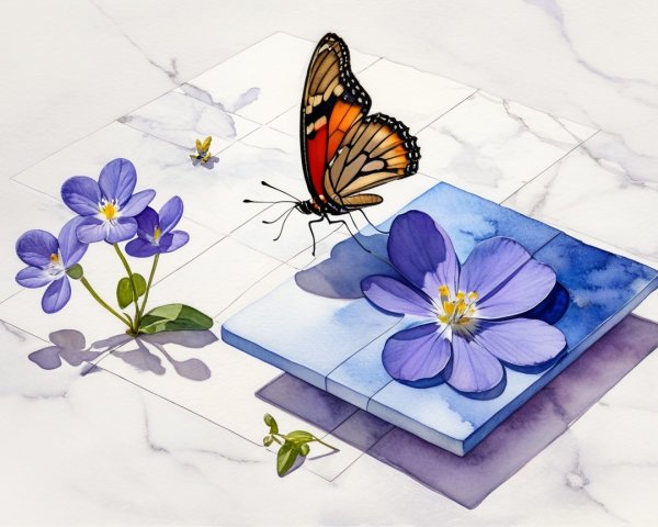 Watercolor Painting of Butterfly and Flower on Tile