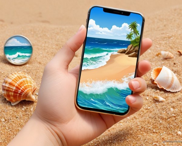 Smartphone Displaying Vibrant Beach Scene with Seashells
