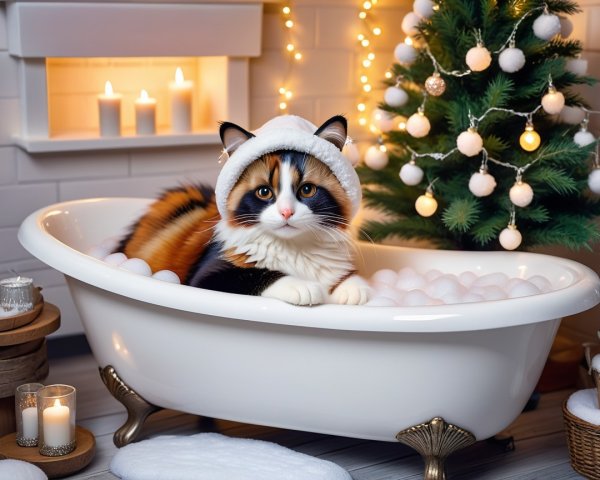 Calico Cat in Santa Hat in Vintage Bathtub Scene