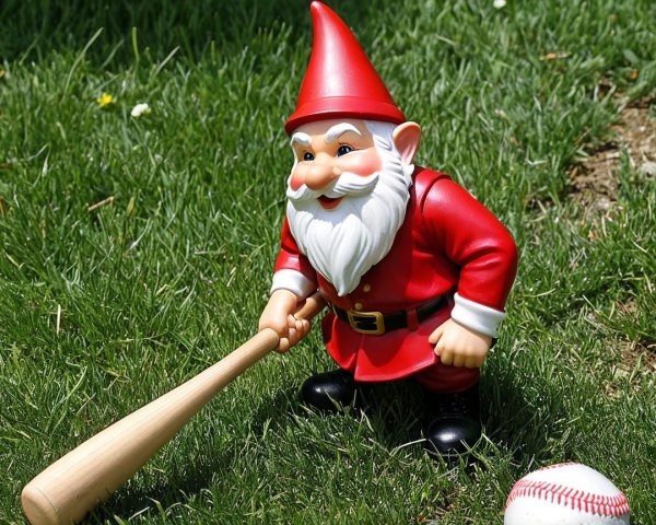 Ceramic garden gnome with baseball bat on green grass