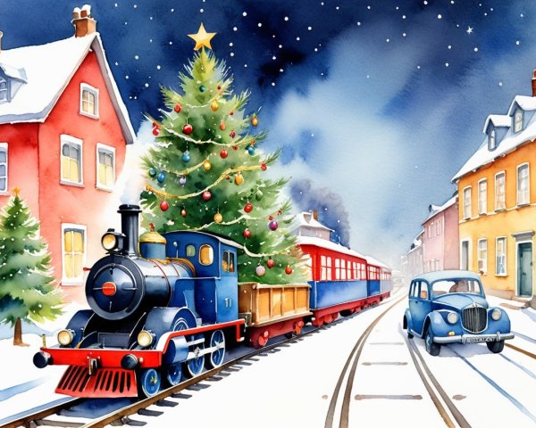 Cozy Christmas Night Scene with Vintage Blue Train
