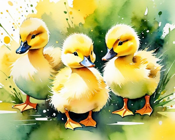 Watercolor Painting of Three Yellow Ducklings on Grass