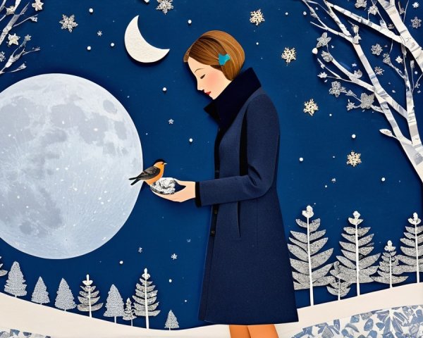 Woman in Blue Coat with Bird Under Moonlit Sky