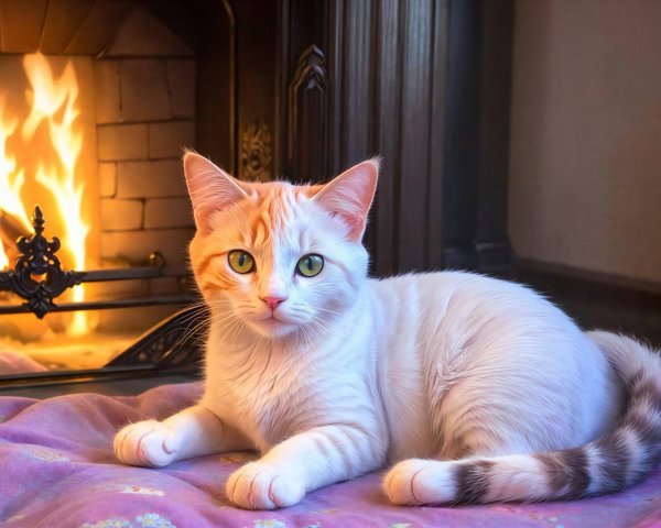 Close-up of a white and ginger cat on a blanket