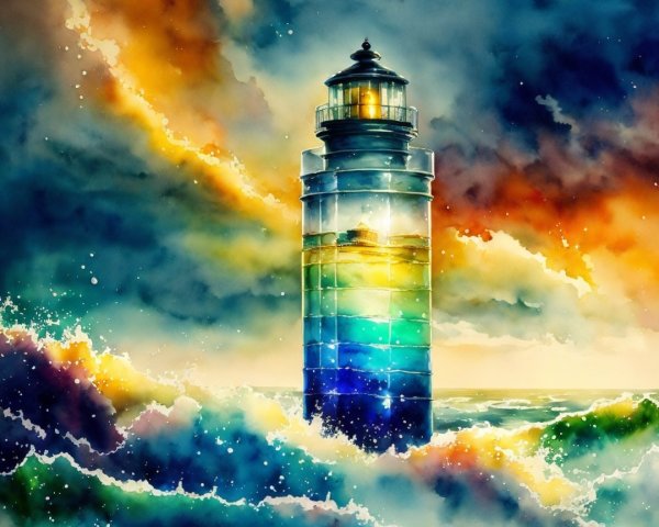Vibrant Watercolor of Lighthouse Amid Stormy Sea
