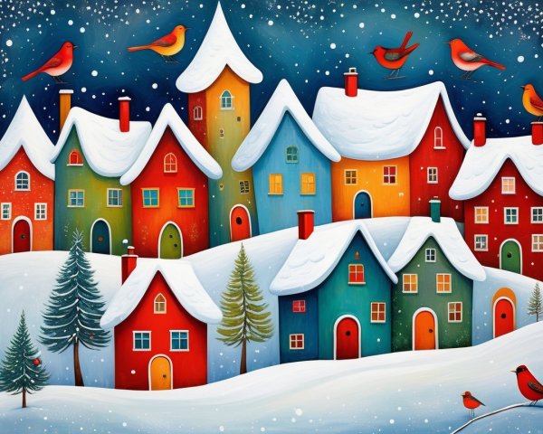 Colorful Houses in a Winter Wonderland Scene