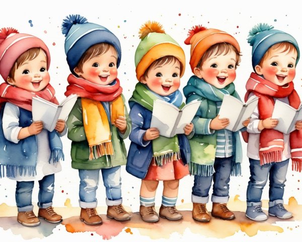 Cartoon Children in Colorful Winter Attire with Books