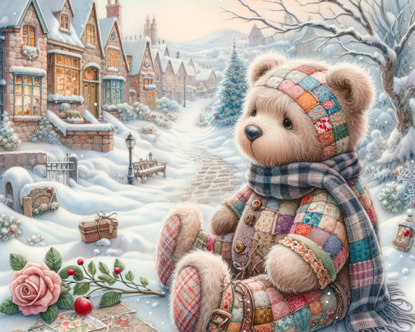 Patchwork Teddy Bear in Snowy Village Scene
