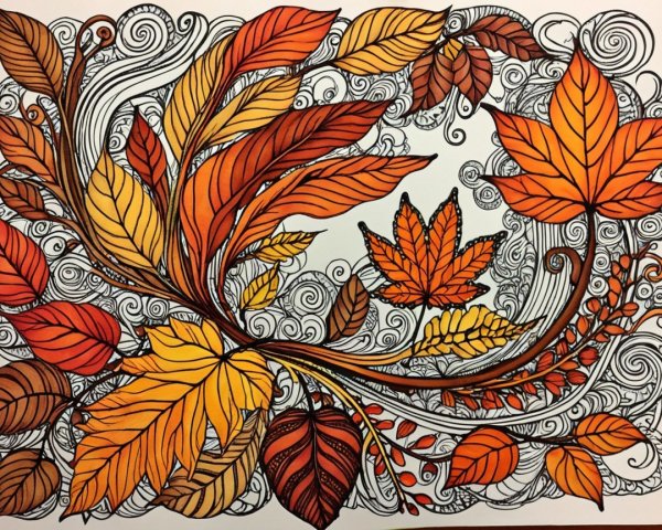 Abstract Line Art of Autumn Leaves in Vibrant Colors