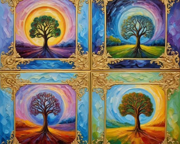 Four Seasonal Tree Paintings in Ornate Gold Frames