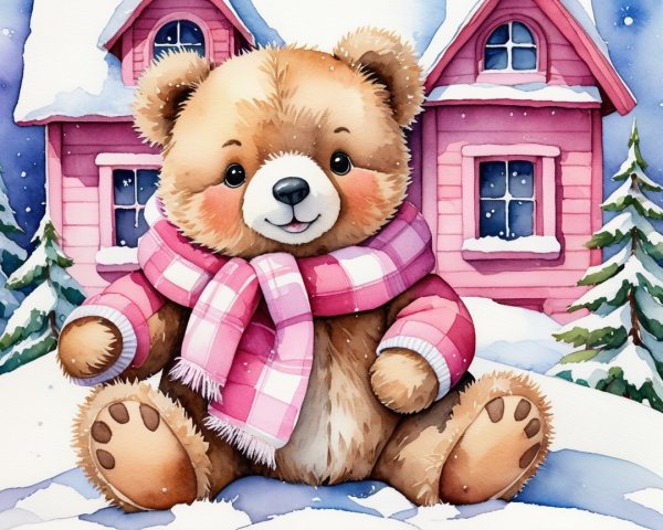 Brown Teddy Bear in Snowy Winter Scene Watercolor