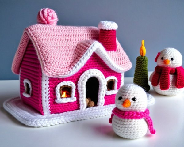 Crochet Winter Holiday Scene with Snowmen and House