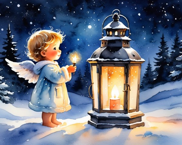 Watercolor Painting of Angel in Snowy Forest Scene