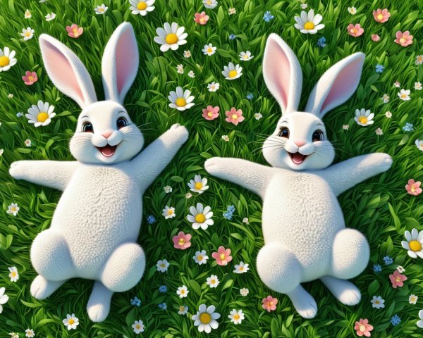 Cartoon Bunnies Relaxing in a Flower-Filled Field