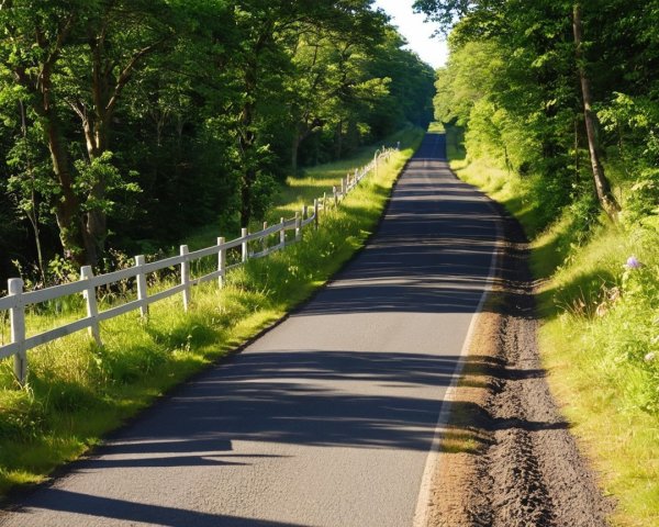 Winding Road Through Lush Green Landscape and Fencing