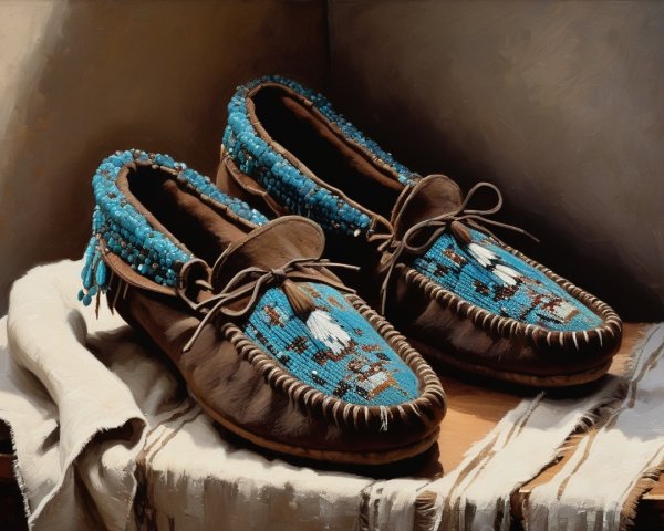 Leather Moccasins with Turquoise Beadwork Detail